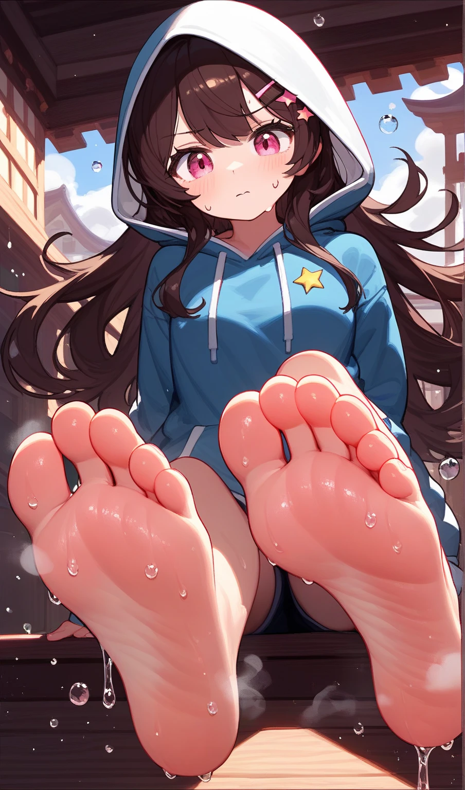 wallpaper，The background is in the room，Brown hair， Long hair，best quality, Very detailed, masterpiece, Extremely detailed, illustration, Sky,Foot Focus, giggle, barefoot,Stinky feet,Steam around feet,脚底Sweating很多，There are a lot of water drops on the soles of feet，Water dripping from the soles of feet，Sweating all over，Sweating，hoodie，Pink Eyes，There is a cute five-pointed star hairpin in the hair