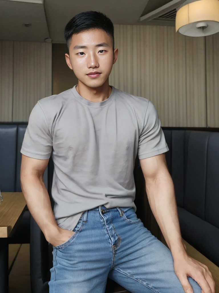 (NSFW: 1.2),独奏: 1.5, (As a matter of fact, Masterpiece, 8k HD, good light quality, sportswear, fit the face, complicated details), A handsome, muscular young Korean man sits at a table, with muscular arms. , 20 years old, be happy, detailed face, delicate eyes, look at the sky, Wear a tight blue t-shirt.:1.6 , jeans period, black eyes, Black hair color, ผมsmooth, smooth，Surreal，Superb details，Highest quality，real，Open your mouth to talk. , Close your eyes., (standing in the football field:1.1),(genital very long big :1.8),(Erection of the penis:1.5),