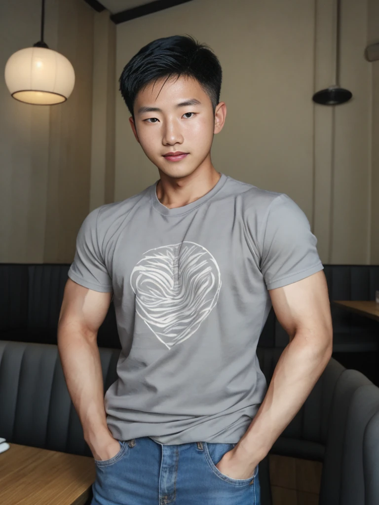 ((realistic daylight)) , Young Korean man in a simple gray t-shirt only, no pattern, denim shirt, and jeans., A handsome, muscular young Asian man looks at the camera.  , in the restaurant ,turn sideways