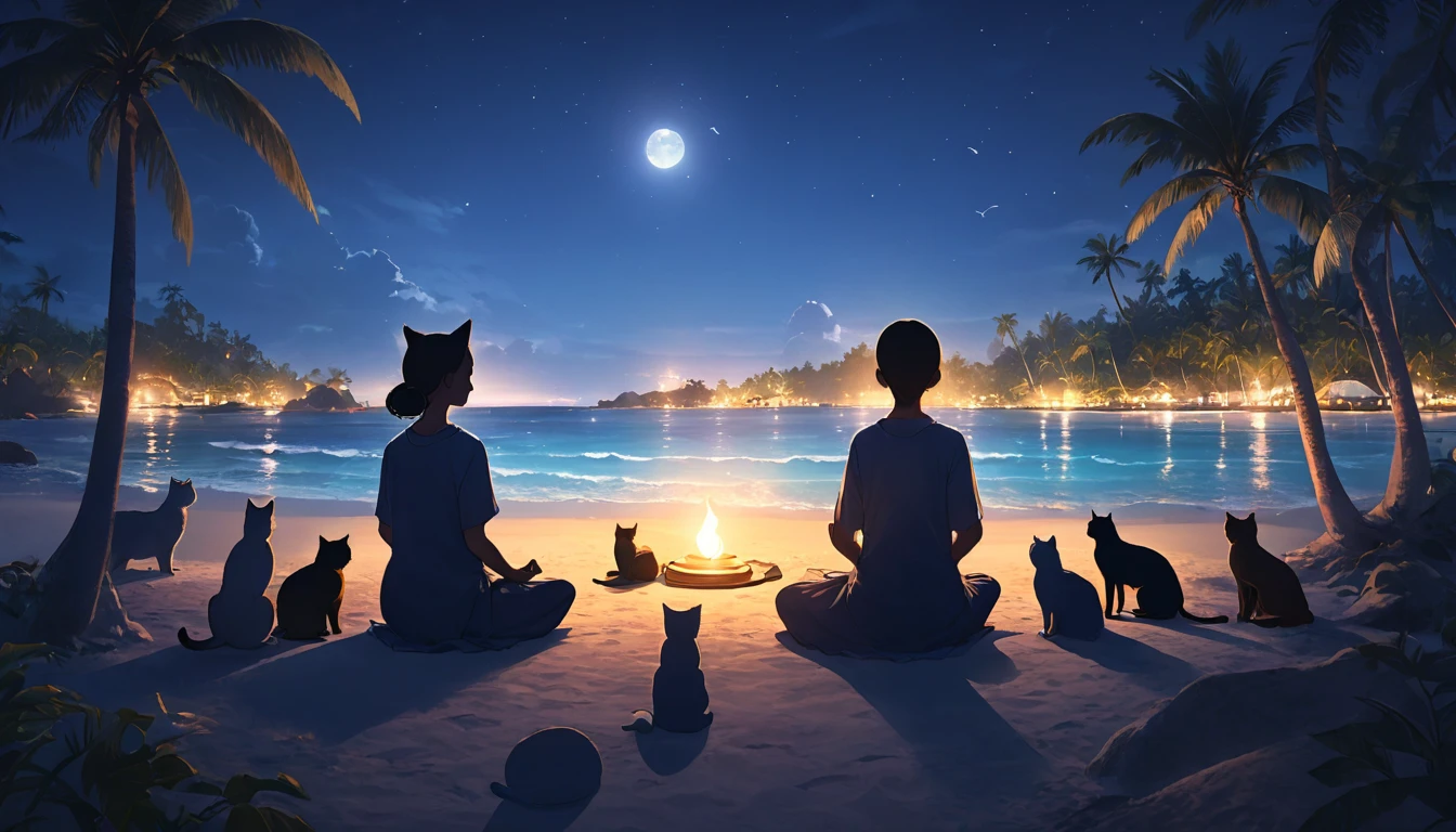 Western person meditating surrounded by cats. The setting is a tropical island. Beautiful landscape with beach on night beach. cinematic lighting. Person meditating. meditation