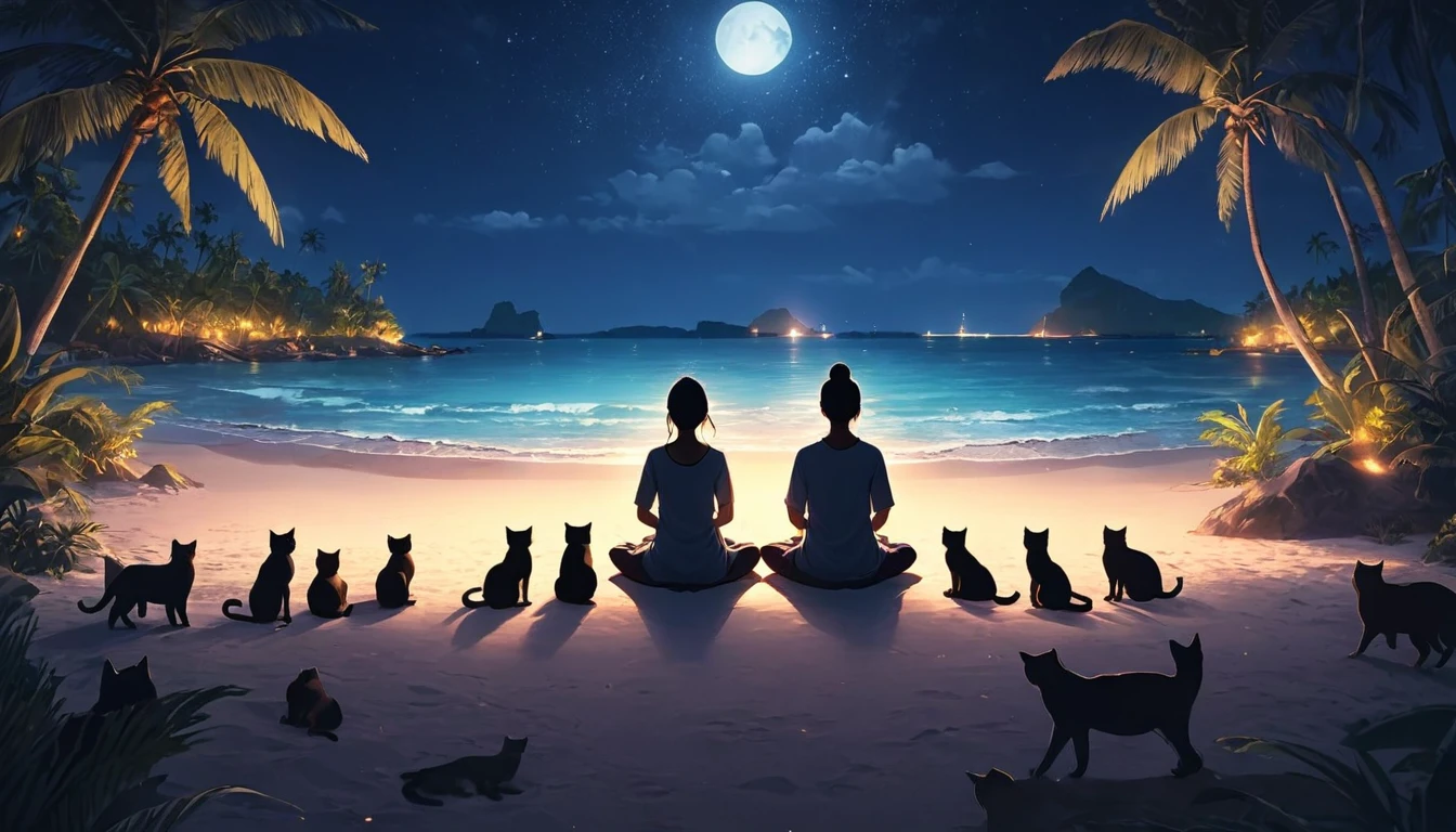 Western person meditating surrounded by cats. The setting is a tropical island. Beautiful landscape with beach on night beach. cinematic lighting. Person meditating. meditation 