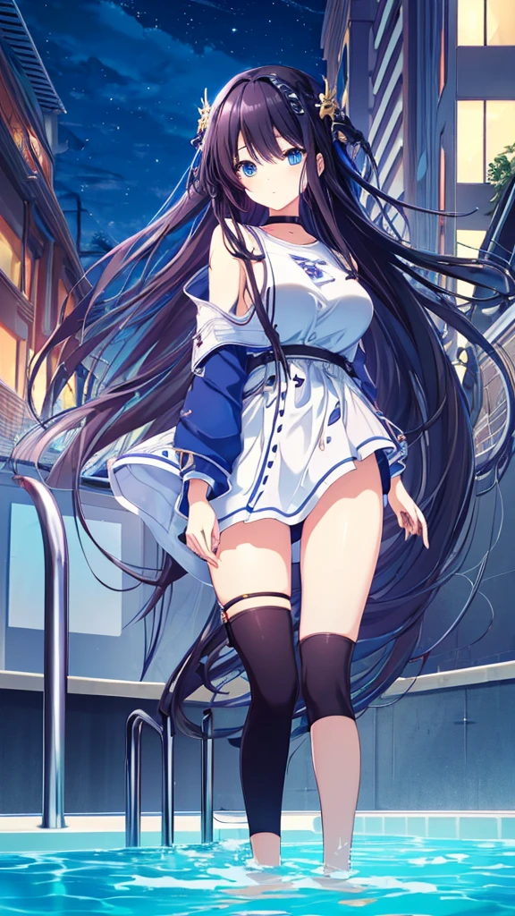 best quality, extremely detailed,anime style girl,long hair down to the waist, straight hair, ((dark black hair with bluish)),braid,beautiful detailed eyes, pinched eyes, (dark blue eyes),huge breasts,curvy,colorful casual clothing,Clothing with complex patterns,hair ornament,((((night pool)))),cool expression,dynamic angle