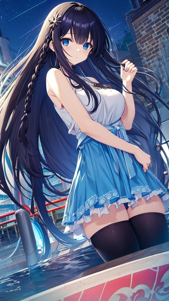 best quality, extremely detailed,anime style girl,long hair down to the waist, straight hair, ((dark black hair with bluish)),braid,beautiful detailed eyes, pinched eyes, (dark blue eyes),huge breasts,curvy,colorful casual clothing,Clothing with complex patterns,hair ornament,((((night pool)))),cool expression,dynamic angle