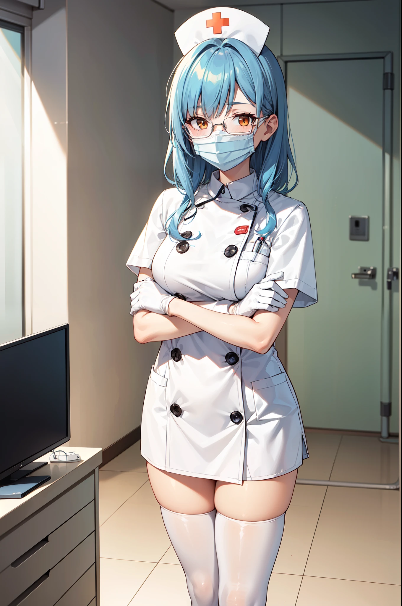 1girl, solo, nurse, nurse cap, white nurse uniform, ((white legwear, zettai ryouiki)), white gloves, glasses, blue hair, orange eyes, ((white surgical mask, covered nose)), standing, ((hospital room)), sharp outline, short sleeves, best quality, masterpiece