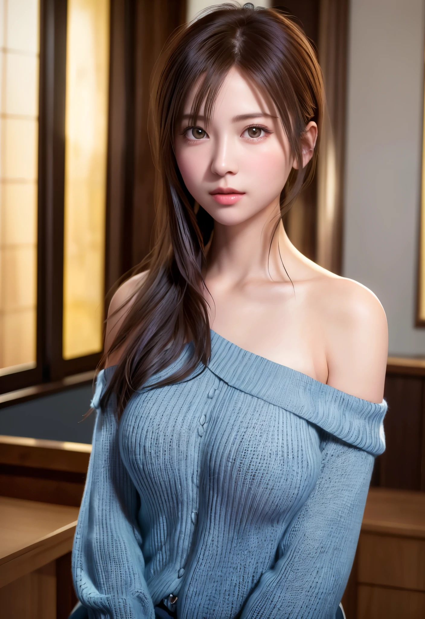 8K, of the highest quality, masutepiece:1.2), (Realistic, Photorealsitic:1.37), of the highest quality, masutepiece, Beautiful young woman, Pensive expression,、A charming、and an inviting look, Oversized knitwear, off shoulders、Hair tied back, Cinematic background, Light skin tone