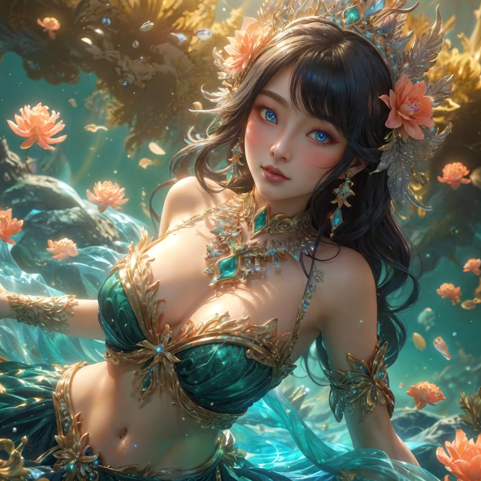 woman , Dark blue eyes, pink mouth ,Dressed in gold, standing in front of a crescent moon., goddess of heaven, goddess of the moon, anime goddess, beautiful heavenly mage, lunar goddess, Moon Goddess, Golden Lotus Princess, Goddess of the Galaxy, Beautiful Fantasy Empress, ((Beautiful Fantasy Empress)), Goddess and Moon, As the sun goddess,, Goddess of space and time , Branded stockings for sale in black and gold , Fine gold jewelry
