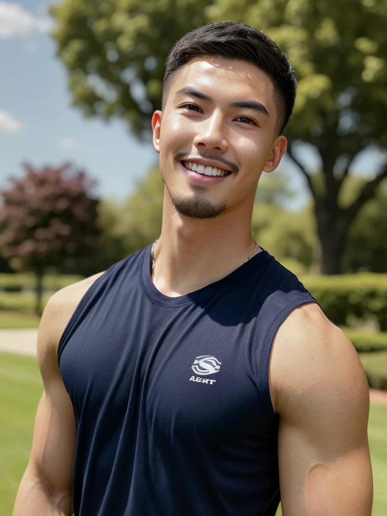 Tony Labrusca, (As a matter of fact, Masterpiece, 8k HD, good light quality, sportswear, fit the face, complicated details), A handsome, muscular young Korean man. , 20 years old, be happy, smile brightly, detailed face, delicate eyes, มองดูsky, Wear a navy tight T-shirt., period, black eyes, Black hair color, ผมsmooth, smooth, outdoor sports, Along the garden, Sunny,sky,Surreal,Superb details,Highest quality,real,