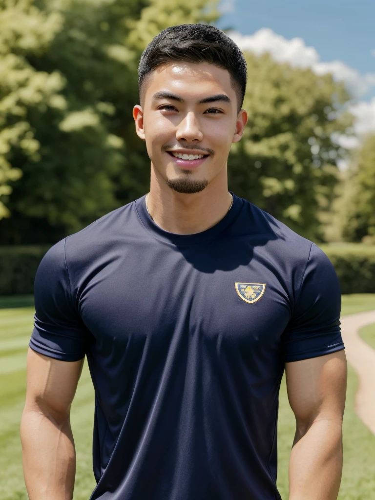 Tony Labrusca, (As a matter of fact, Masterpiece, 8k HD, good light quality, sportswear, fit the face, complicated details), A handsome, muscular young Korean man. , 20 years old, be happy, smile brightly, detailed face, delicate eyes, มองดูsky, Wear a navy tight T-shirt., period, black eyes, Black hair color, ผมsmooth, smooth, outdoor sports, Along the garden, Sunny,sky,Surreal,Superb details,Highest quality,real,