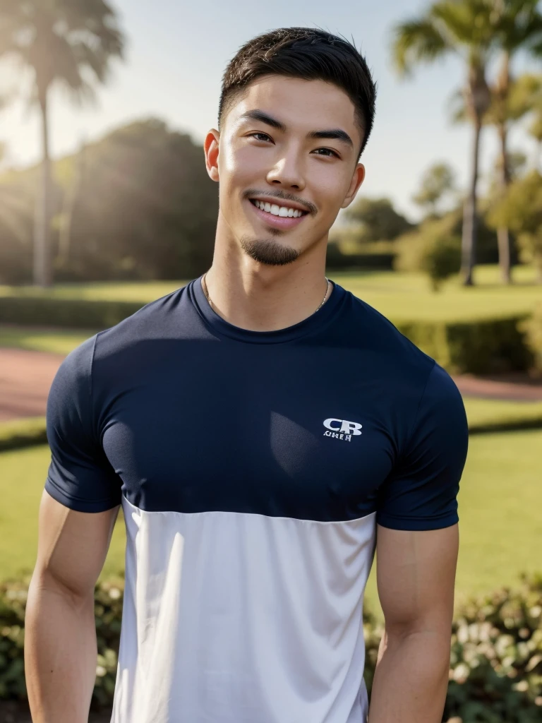 Tony Labrusca, (As a matter of fact, Masterpiece, 8k HD, good light quality, sportswear, fit the face, complicated details), A handsome, muscular young Korean man. , 20 years old, be happy, smile brightly, detailed face, delicate eyes, มองดูsky, Wear a navy tight T-shirt., period, black eyes, Black hair color, ผมsmooth, smooth, outdoor sports, Along the garden, Sunny,sky，Surreal，Superb details，Highest quality，real，