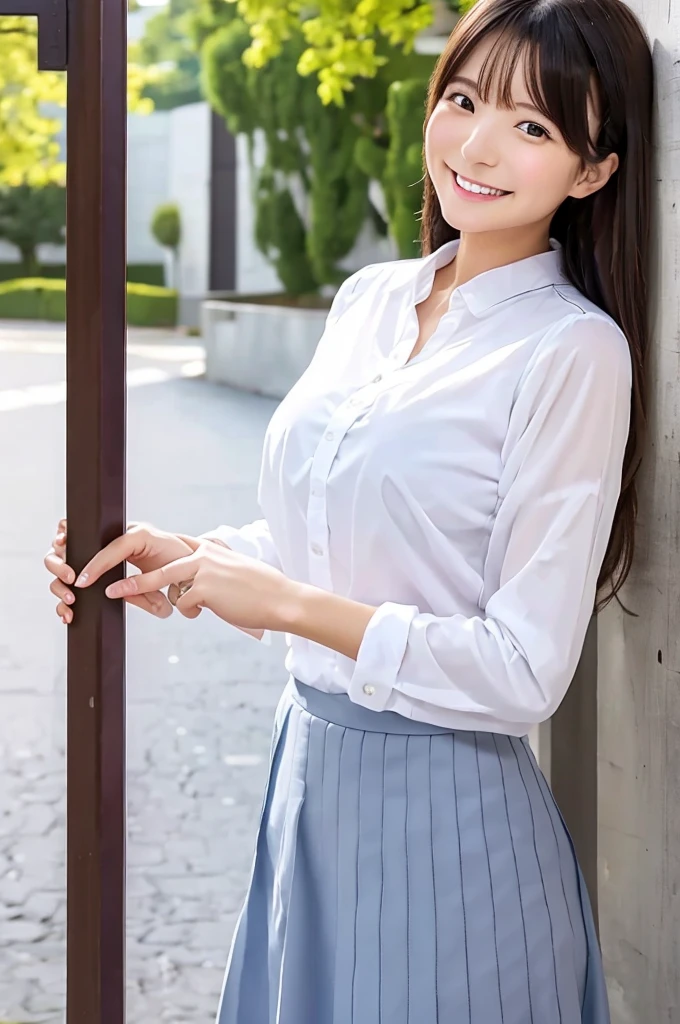8k、High definition、Ultra Detail、Photorealistic、Realistic and accurate depiction、Realistic and accurate human anatomy、High resolution、Highest quality、Japanese Beauty、Best Quality,フォトリアリスティックHigh resolution,Cute Woman,Beautiful detailed eyes,Beautiful detailed lips,Smiling,Laughing,Cute,enjoy,Happy smile,Magical moments,looking at the camera、A slender body、Happy expression、Visible dimples、Random medium hairstyles、22 years old、Show the whole body、A neat and cute blouse design、A skirt with a neat and cute design