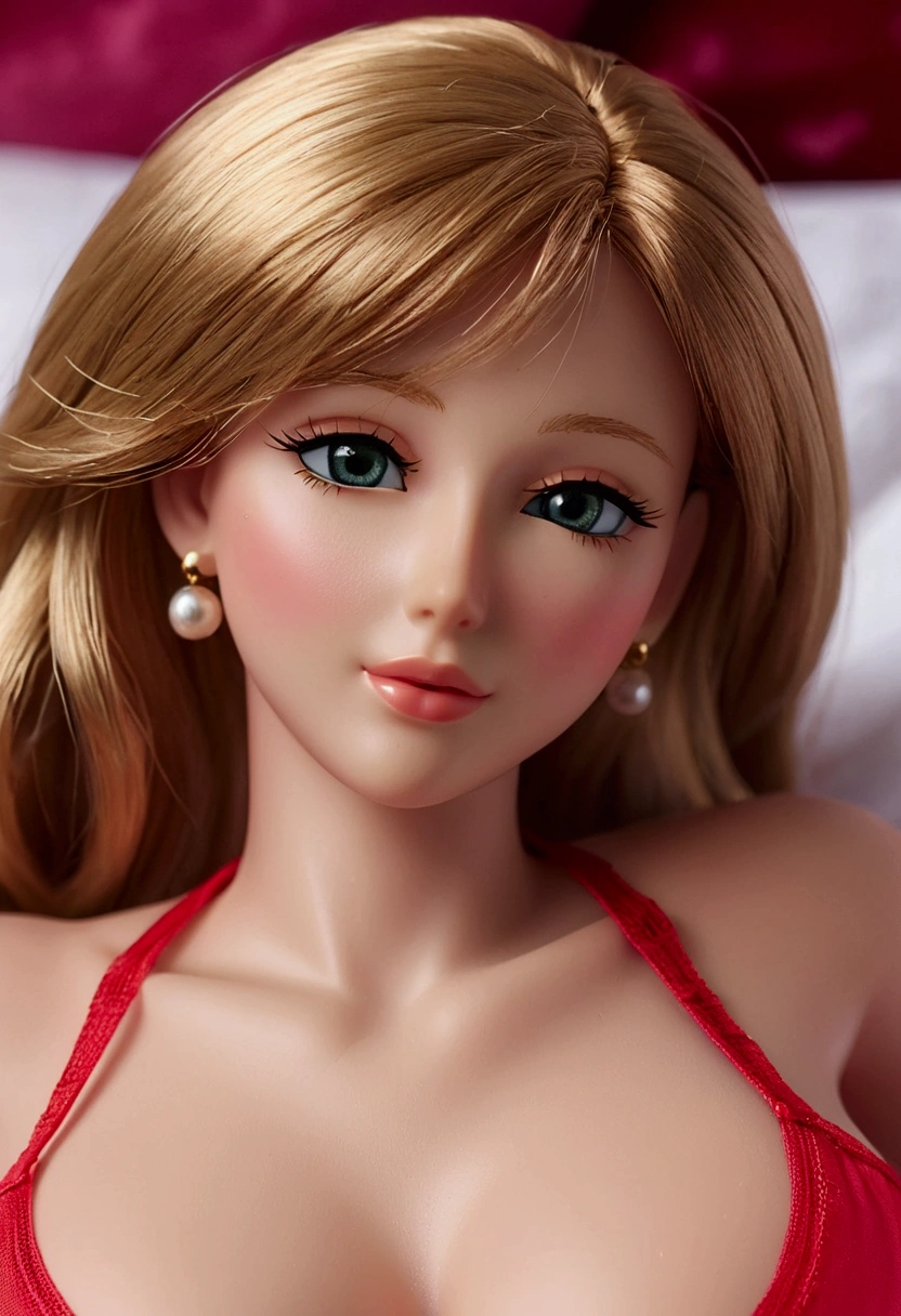 Close-up：A woman in a red top lies on the bed, Hyperrealistic full body portrait, barbie Toy sex doll in panties and bra, Large breast size, Extremely realistic and real, Sexy Girls, True size, Super realistic, OPPEIN, Toy sex doll, Extremely realistic, Very detailed female bust, Extremely realistic, Looks very realistic, Breathtaking reality