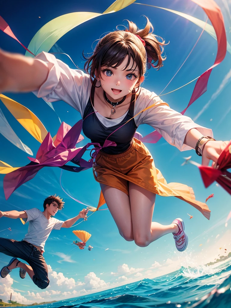 A hd gfx of an 18 year old young girl and a young man flying a kite together