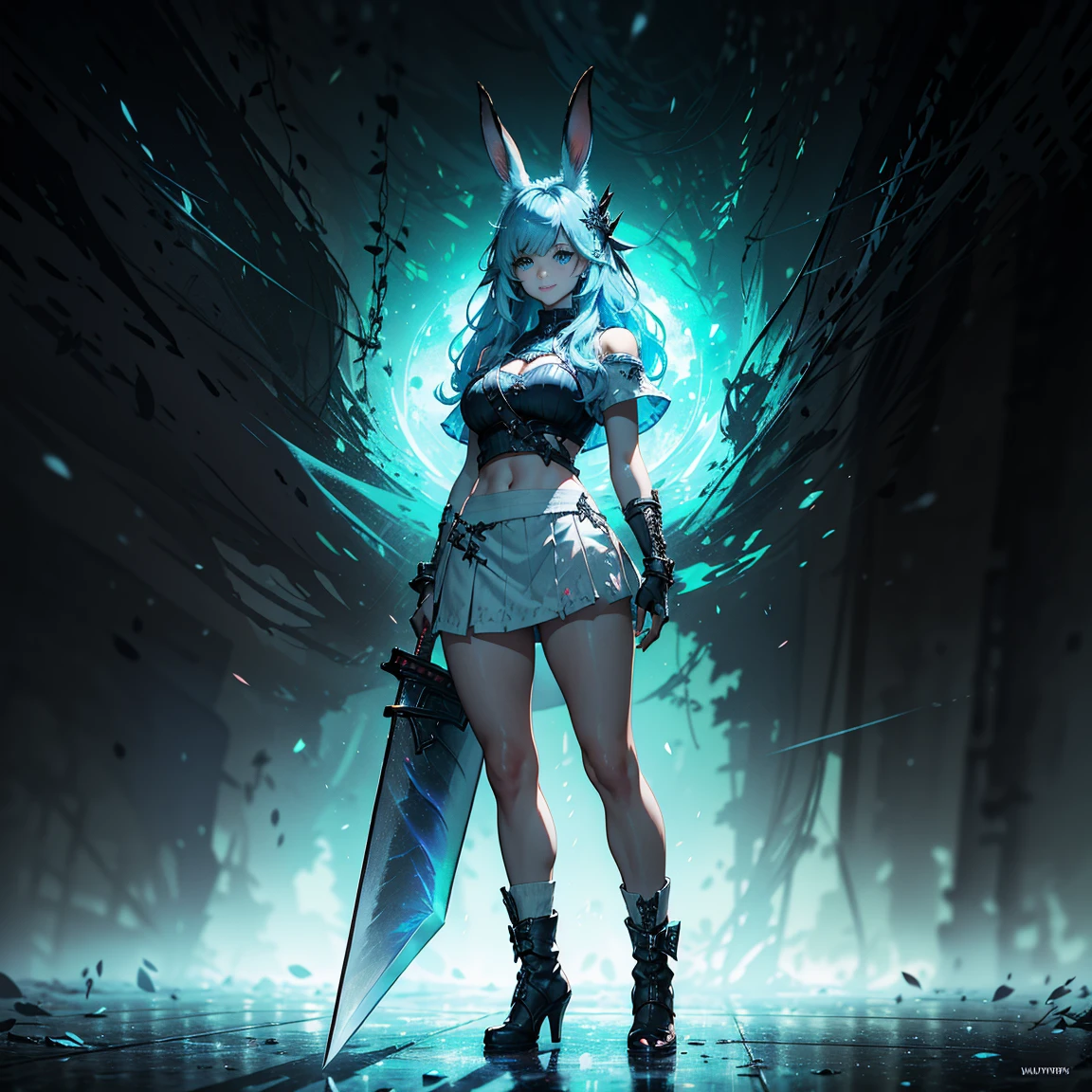 1girl, (solo), FFXIV_Viera, long hair, light blue hair, long rabbit ears, blue eyes, smile, arrogant, small lips, big breasts, big tall, white crop top, deep neckline, white skirt, black boots, ((buster_sword, huge_sword, holding_sword, )):6, white skin, full body, arena, thunder behind, (days), (very sexy body, detailed face, detailed eyes, masterpiece, highly detailed, 8k, best quality, vibrant colors, digital art, concept art)