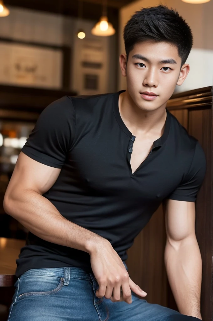 ((realistic daylight)) , Young Korean man in only a black sports shirt, no stripes, and jeans., A handsome, muscular young Asian man looks at the camera.  , in the restaurant ,turn sideways