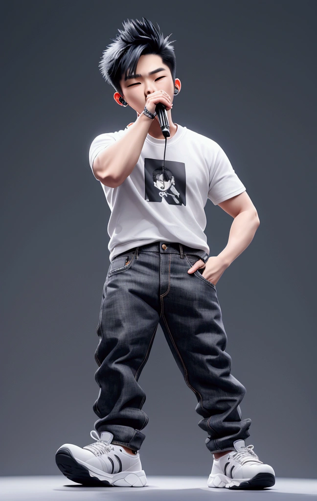 chibi, niji, a man standing on a stage , performing on stage, eric chou, wear grey t shirt, wear black denim pant, white sport shoe