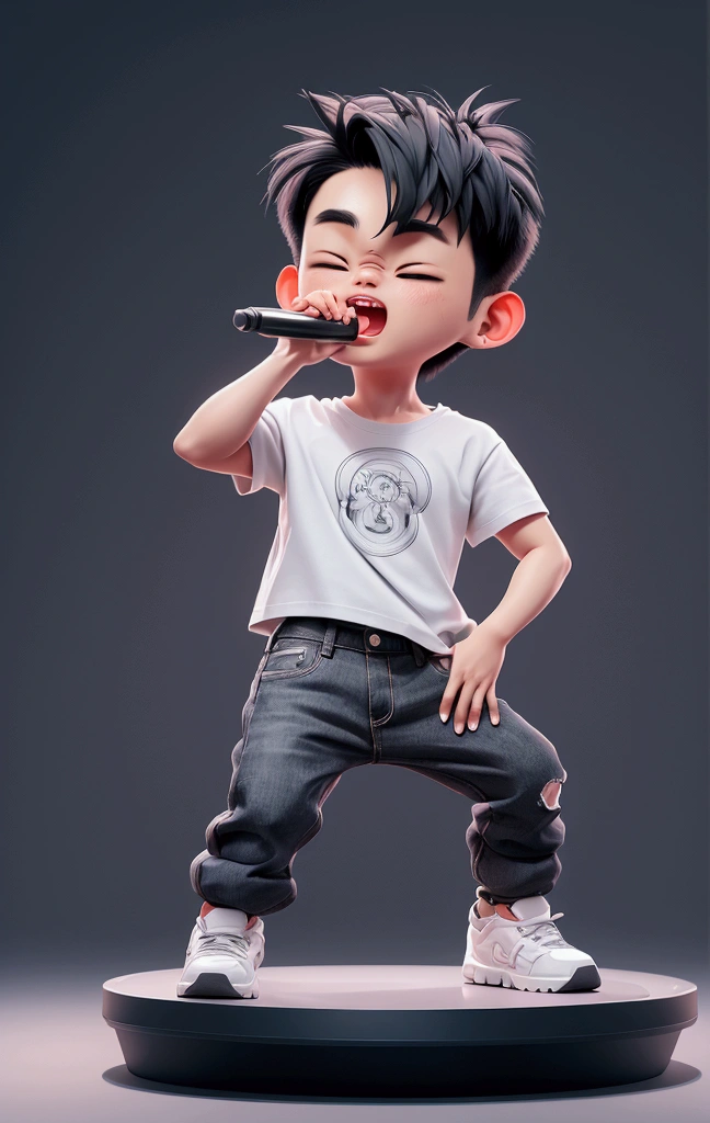 chibi, niji, a man standing on a stage , performing on stage, eric chou, wear grey t shirt, wear black denim pant, white sport shoe