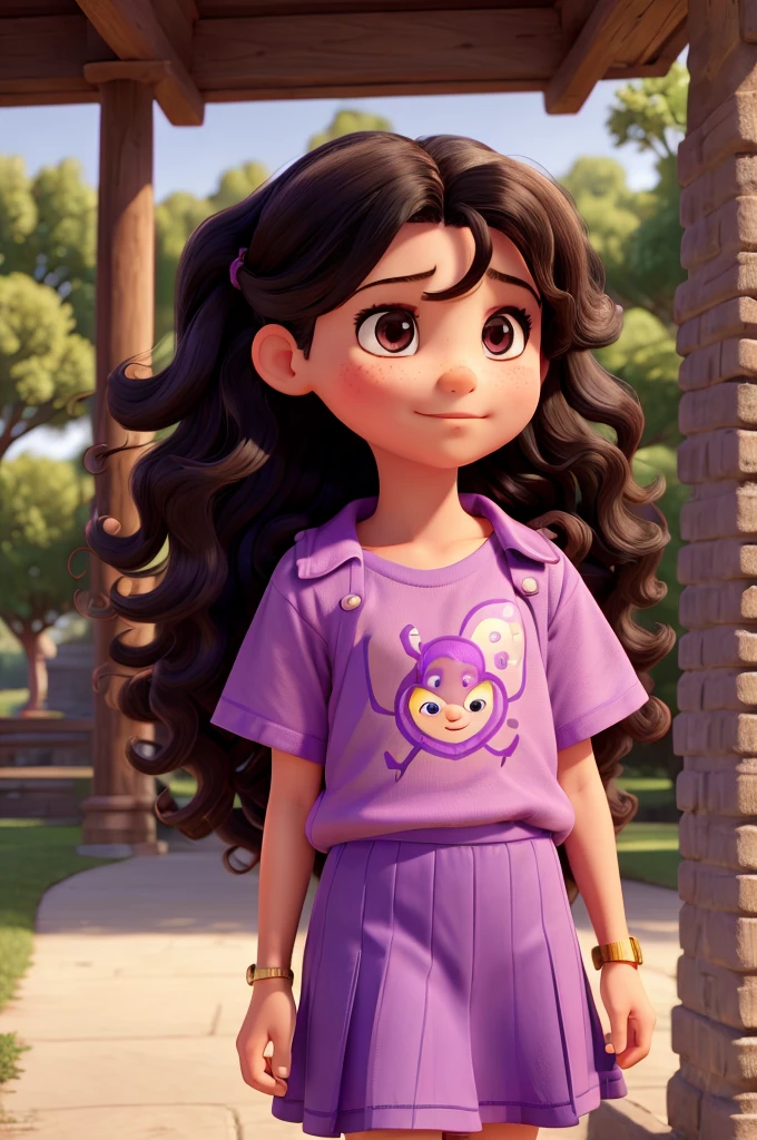 best qualityer, a 6-year-old , on the American, long black hair with big curls and brown eyes, wearing lilac t-shirt and purple skirt, in park
