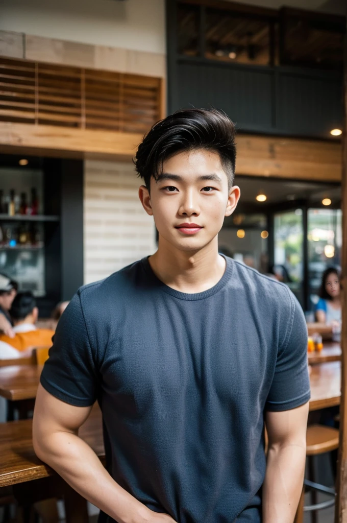 ((realistic daylight)) , Young Korean man in a black t-shirt with no pattern, a denim shirt, and jeans., A handsome, muscular young Asian man looks at the camera.  , in a Thai restaurant ,turn sideways