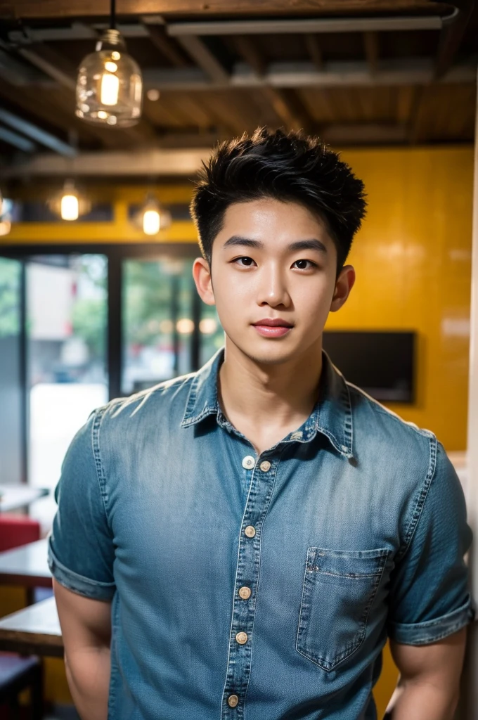 ((realistic daylight)) , Young Korean man in a black t-shirt with no pattern, a denim shirt, and jeans., A handsome, muscular young Asian man looks at the camera.  , in a Thai restaurant ,turn sideways