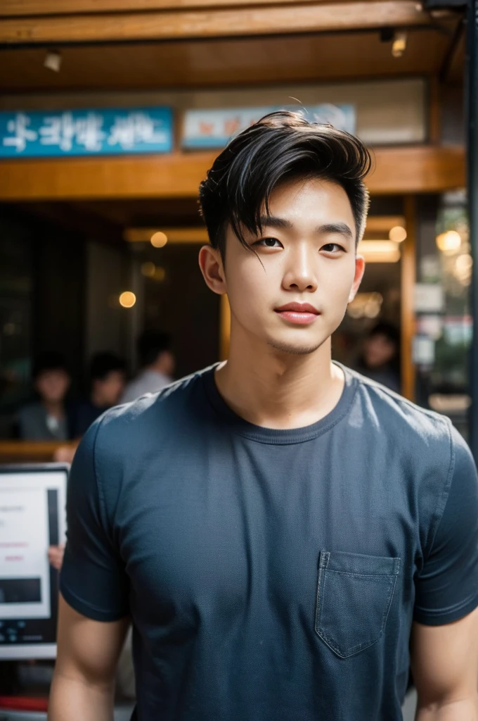 ((realistic daylight)) , Young Korean man in a black t-shirt with no pattern, a denim shirt, and jeans., A handsome, muscular young Asian man looks at the camera.  , in a Thai restaurant ,turn sideways