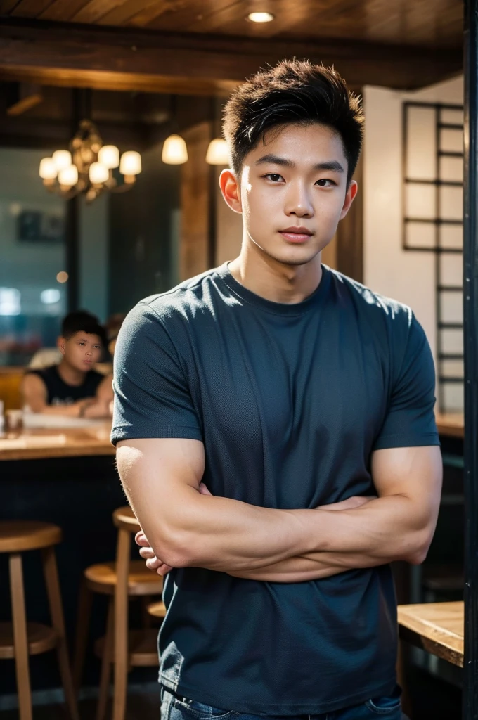 ((realistic daylight)) , Young Korean man in a black t-shirt with no pattern, a denim shirt, and jeans., A handsome, muscular young Asian man looks at the camera. , in a Thai restaurant ,turn sideways