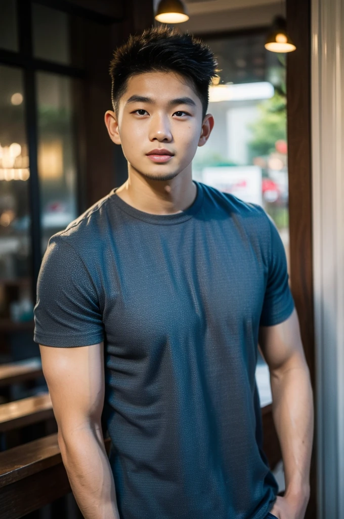 ((realistic daylight)) , Young Korean man in a black t-shirt with no pattern, a denim shirt, and jeans., A handsome, muscular young Asian man looks at the camera.  , in a Thai restaurant ,turn sideways