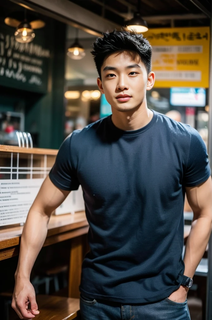 ((realistic daylight)) , Young Korean man in a black t-shirt with no pattern, a denim shirt, and jeans., A handsome, muscular young Asian man looks at the camera.  , in a Thai restaurant ,turn sideways