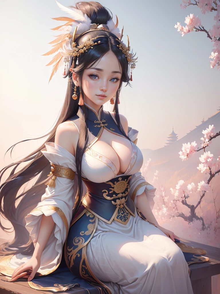 anime lady in a silver dress with a feather on her head, yun ling, inspired by Li Mei-shu, full body xianxia, highly detailed exquisite fanart, inspired by Pu Hua, inspired by Ju Lian, yang qi, lei min, Highly detailed CG unit 8k wallpaper, masterpiece, High resolution, highest quality, highest quality real texture skin, Super Real, Digital Painting, Best image quality, 最High resolution, 8k, ((Highly detailed eyes and face, Beautiful eyes every detail)), 1girl, Full Body Shot, Saggy breasts, Gravity-dependent breasts, long chest, Heavy chest, disproportionate breasts, huge breasts, sagging breasts, gigantic breasts, smile,  china clothes, 