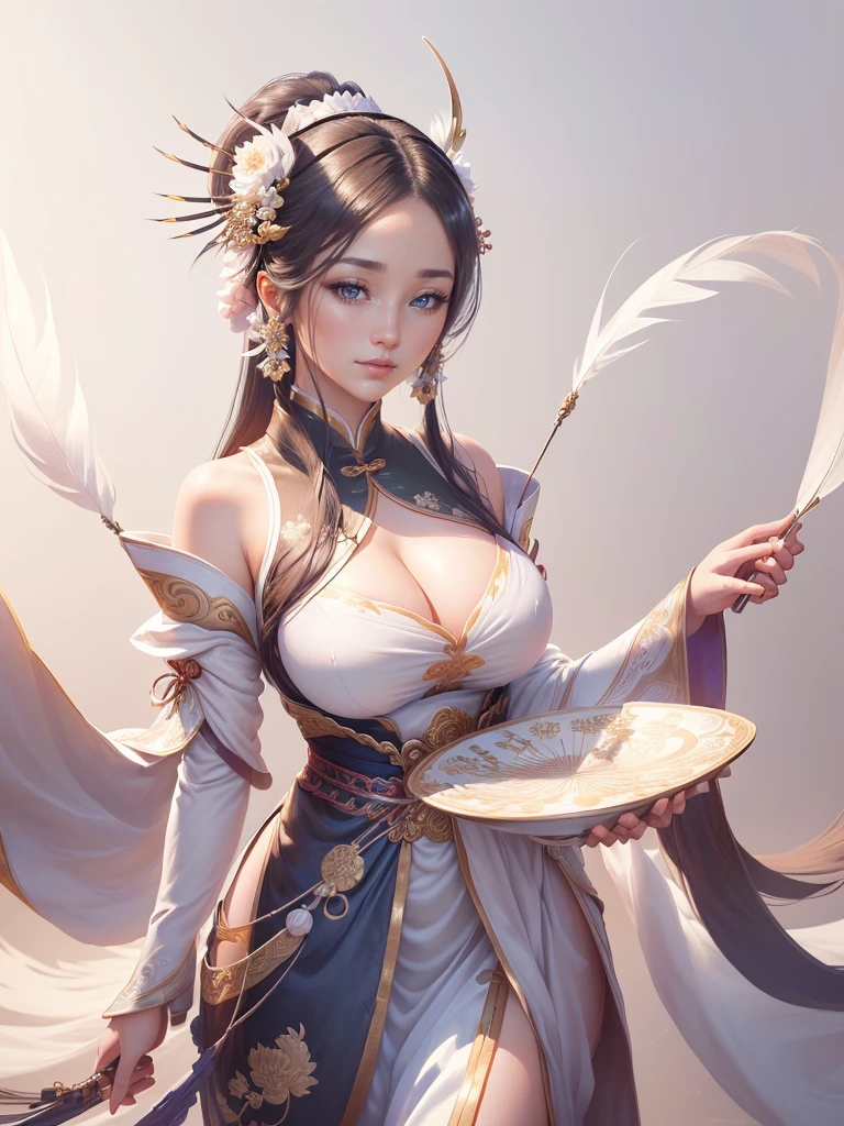 anime lady in a silver dress with a feather on her head, yun ling, inspired by Li Mei-shu, full body xianxia, highly detailed exquisite fanart, inspired by Pu Hua, inspired by Ju Lian, yang qi, lei min, Highly detailed CG unit 8k wallpaper, masterpiece, High resolution, highest quality, highest quality real texture skin, Super Real, Digital Painting, Best image quality, 最High resolution, 8k, ((Highly detailed eyes and face, Beautiful eyes every detail)), 1girl, Full Body Shot, Saggy breasts, Gravity-dependent breasts, long chest, Heavy chest, disproportionate breasts, huge breasts, sagging breasts, gigantic breasts, smile, (china clothes), 