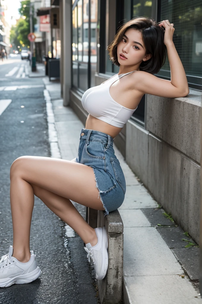 Make an ultra-realistic image about an 18-year-old mixed-race girl of Brazilian origin, straight short hair, with normal waist, big breasts and big ass, with slightly thick legs and arms, full-body visible, sitting on the sidewalk of the street."