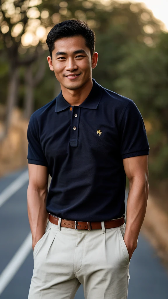 Thai man ,man,He is about 30 years old..,Rough and handsome appearance,large j,Big waistline,buzz cut, angry, sullen, best quality, Masterpiece,(Have muscles:4.5),(best quality,high resolution,Masterpiece:1.2),The eyes are natural and delicate..,1 person,alone,gay asian,muscle,Long legs,brave,short hair details,conjunctivitis ,strong,brown eyes, (outdoor background road :1.5),in the market,sit (dark blue polo shirt:1.3),Jeans ,smile