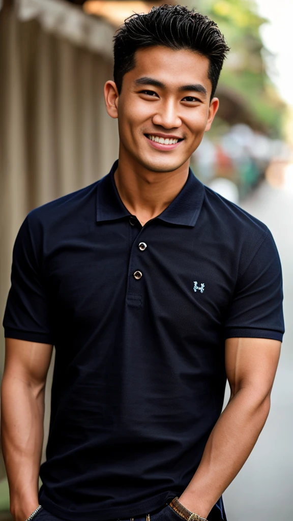 Thai man ,man,He is about 30 years old..,Rough and handsome appearance,large breastsj,Big waistline,buzz cut, angry, sullen, best quality, Masterpiece,(Have muscles:4.5),(best quality,high resolution,Masterpiece:1.2),The eyes are natural and delicate..,1 person,alone,gay asian,muscle,Long legs,brave,short hair details,conjunctivitis ,strong,brown eyes, (outdoor background road :1.5),in the market,sit (dark blue polo shirt:1.3),Jeans ,smile