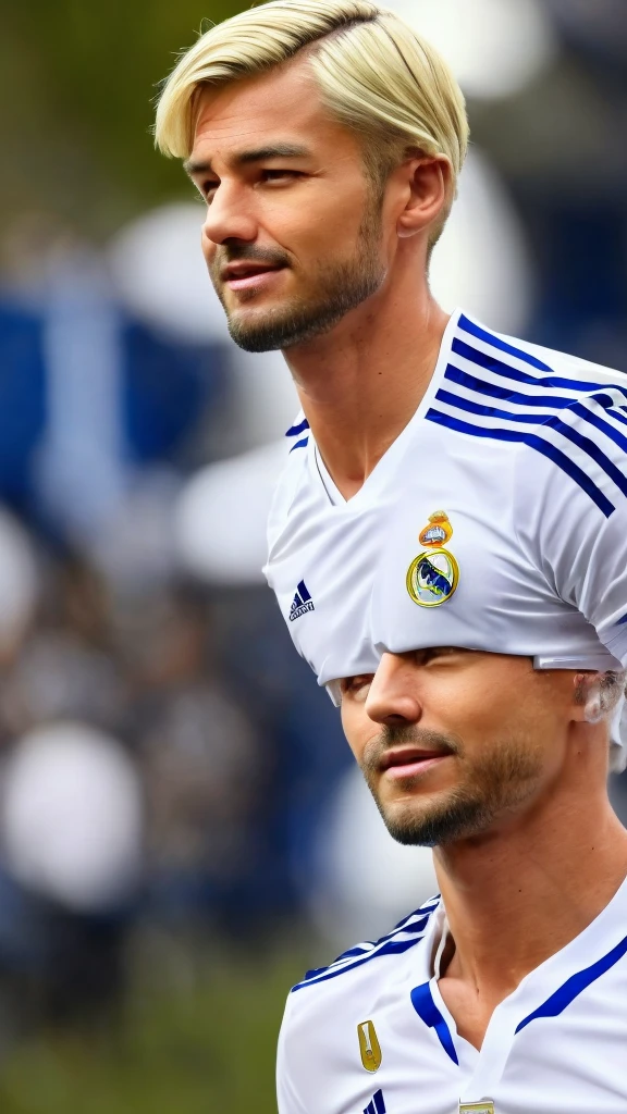 {{{Real Madrid Logo}}}, {{{The name of the jersey sponsor is Fly Emirates.}}}, night, light, {{white adidas soccer jersey}}, {{{best quality}}}, {{{realistic}}}, Detailed facial description, realistic 눈동자, Handsome man, white man with blonde hair, realistic 유니폼 주름