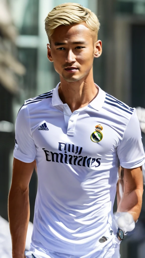 {{{Real Madrid Logo}}}, {{{The name of the jersey sponsor is Fly Emirates.}}}, night, light, {{white adidas soccer jersey}}, {{{best quality}}}, {{{realistic}}}, Detailed facial description, realistic 눈동자, Handsome man, white man with blonde hair, realistic 유니폼 주름