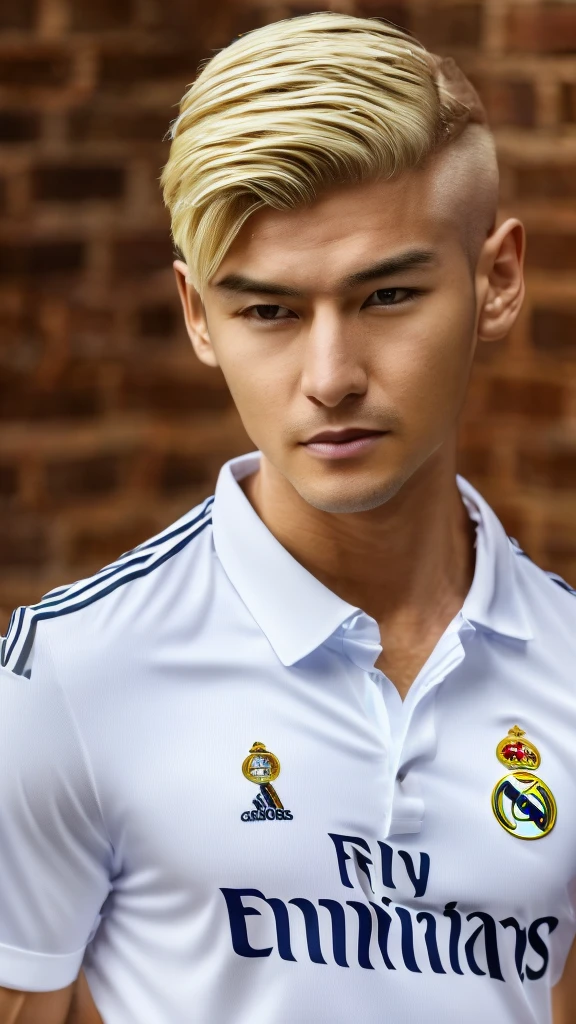 {{{Real Madrid Logo}}}, {{{The name of the jersey sponsor is Fly Emirates.}}}, night, light, {{white adidas soccer jersey}}, {{{best quality}}}, {{{realistic}}}, Detailed facial description, realistic 눈동자, Handsome man, white man with blonde hair, realistic 유니폼 주름