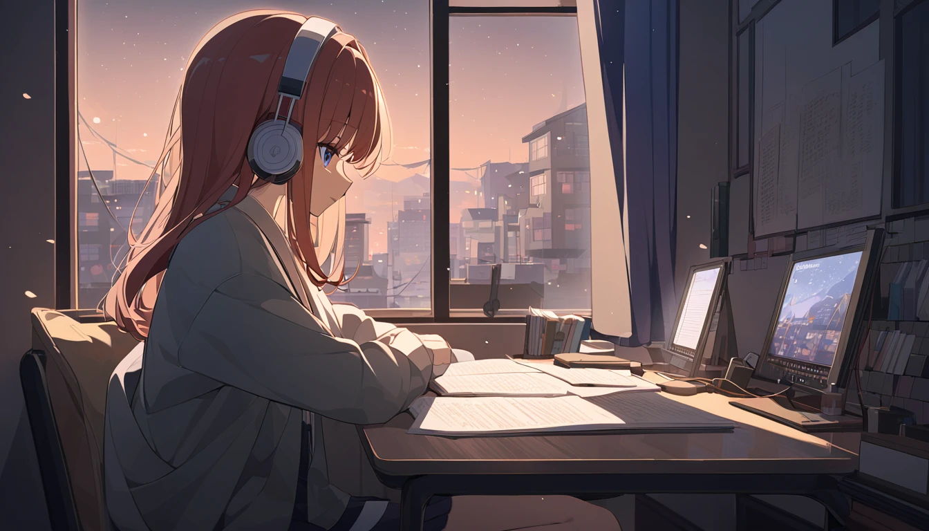 Beautiful girl studying while listening to music with headphones in her room at night You can see the night view outside the window. warm atmosphere Japanese anime style