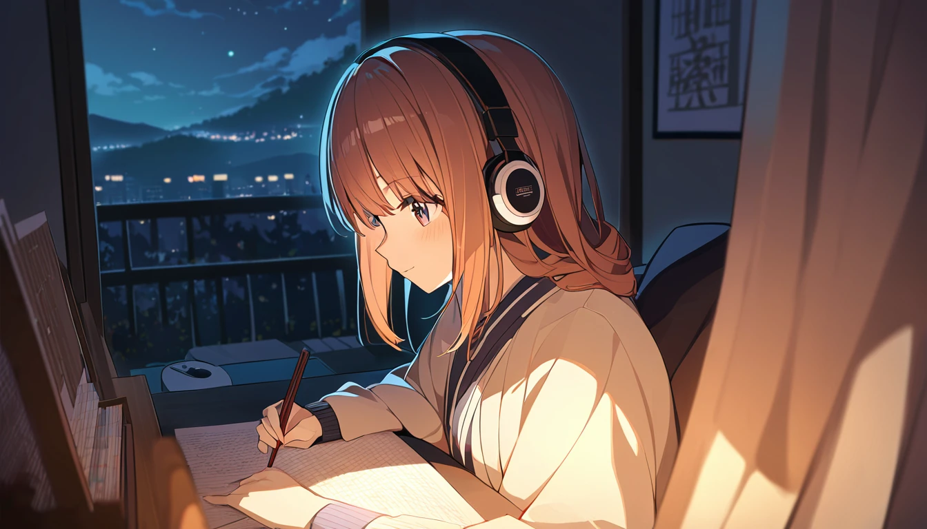 Beautiful girl studying while listening to music with headphones in her room at night You can see the night view outside the window. warm atmosphere Japanese anime style