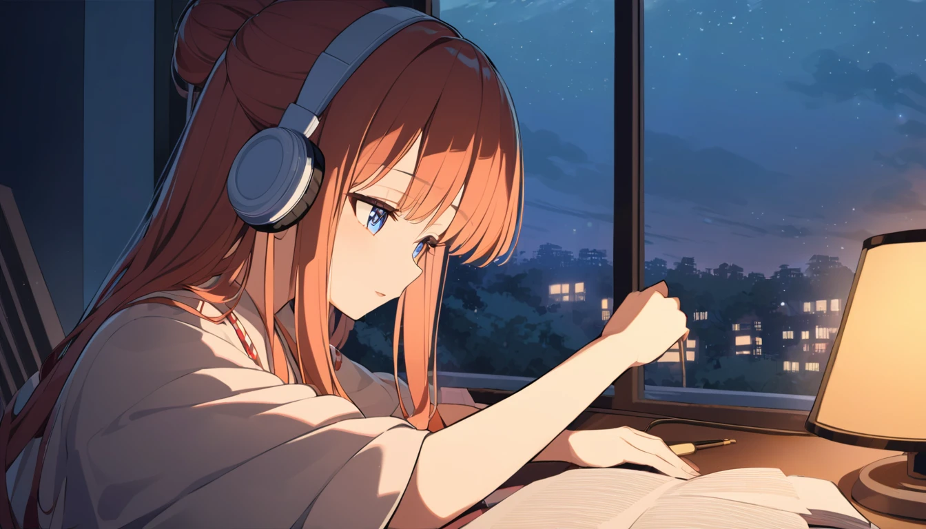 Beautiful girl studying while listening to music with headphones in her room at night　You can see the night view outside the window.　warm atmosphere　Japanese anime style