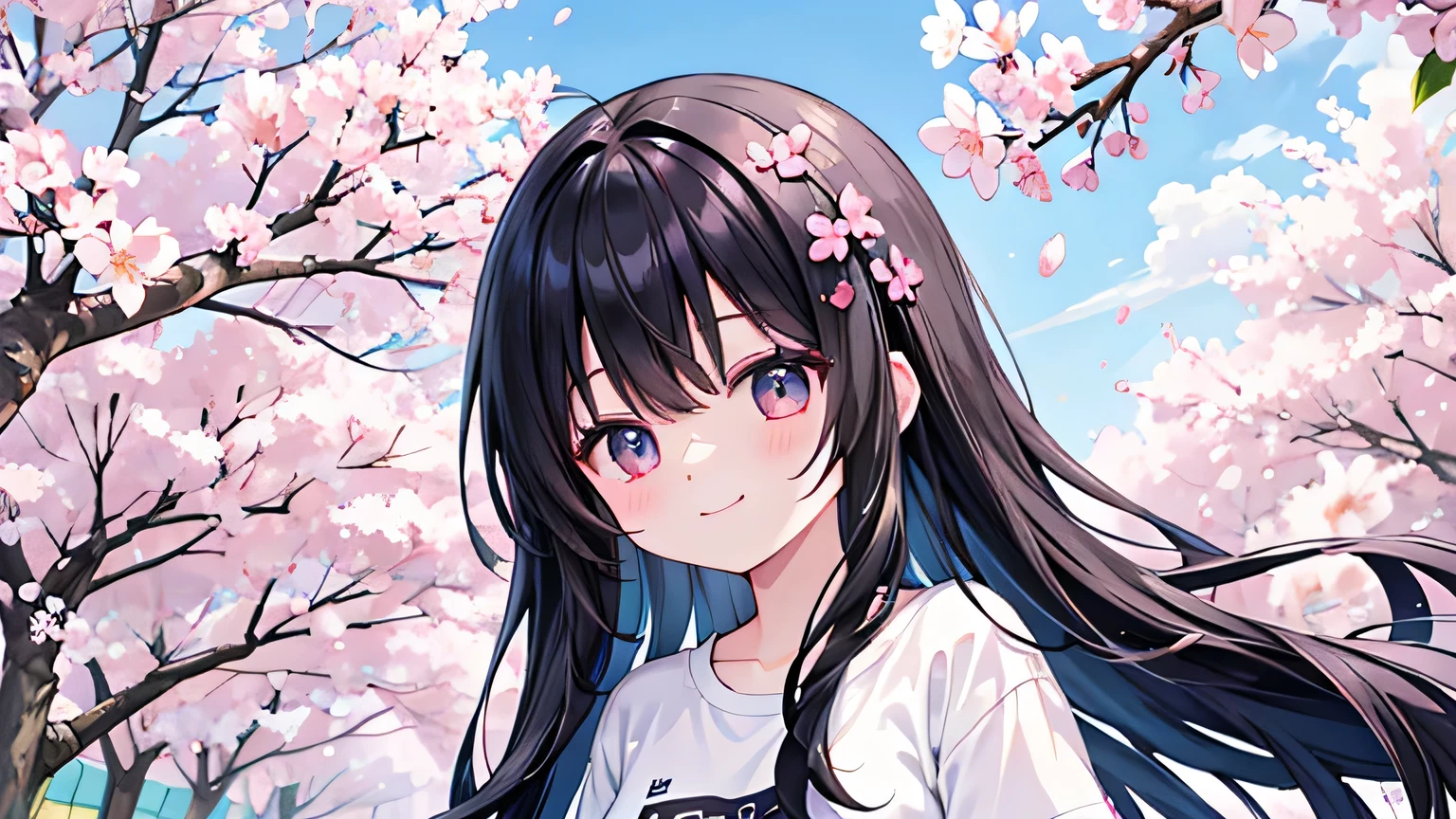 cute、Her long hair fluttering、smile、Black Hair、T-Shirts、Clear、cherry blossoms、