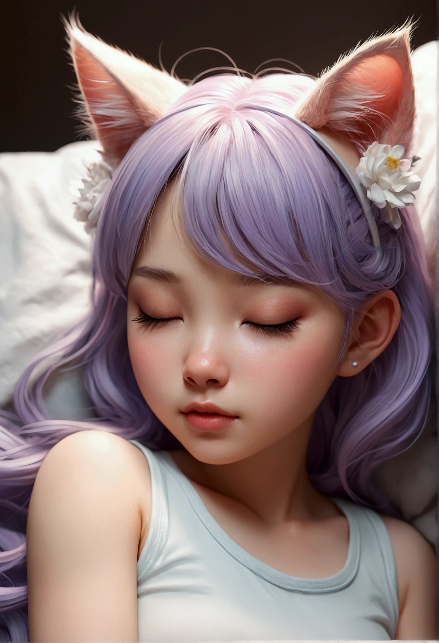 Beautiful , Cat Ears,Volumetric Light, Ultra-realistic, Intricate details, shape, Painting, watercolor, Cute Chibi, Sleep, close your eyes,ah!, Shallow depth of field, Pastel Color Palette, Soft lighting, minimum, Modern, Digital Painting, Lois van Baerle、Ross Tran、Art by artgerm, Artstation HQのトレンド, Very detailed