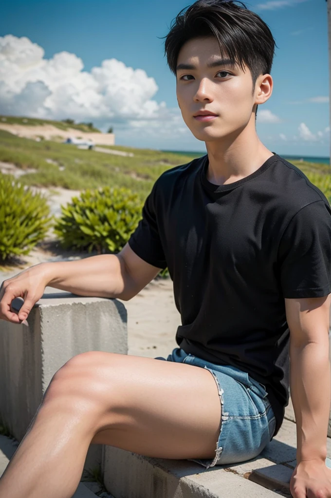 A young Asian man stands, handsome, muscular, looking at the camera. In a simple black t-shirt, Fieldside, grass, beach, sunlight