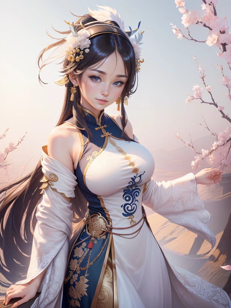 anime lady in a silver dress with a feather on her head, yun ling, inspired by Li Mei-shu, full body xianxia, highly detailed exquisite fanart, inspired by Pu Hua, inspired by Ju Lian, yang qi, lei min, Highly detailed CG unit 8k wallpaper, masterpiece, High resolution, highest quality, highest quality real texture skin, Super Real, Digital Painting, Best image quality, 最High resolution, 8k, ((Highly detailed eyes and face, Beautiful eyes every detail)), 1girl, Full Body Shot, Saggy breasts, Gravity-dependent breasts, long chest, Heavy chest, disproportionate breasts, huge breasts, sagging breasts, gigantic breasts, smile, (china clothes, オフショルダー),