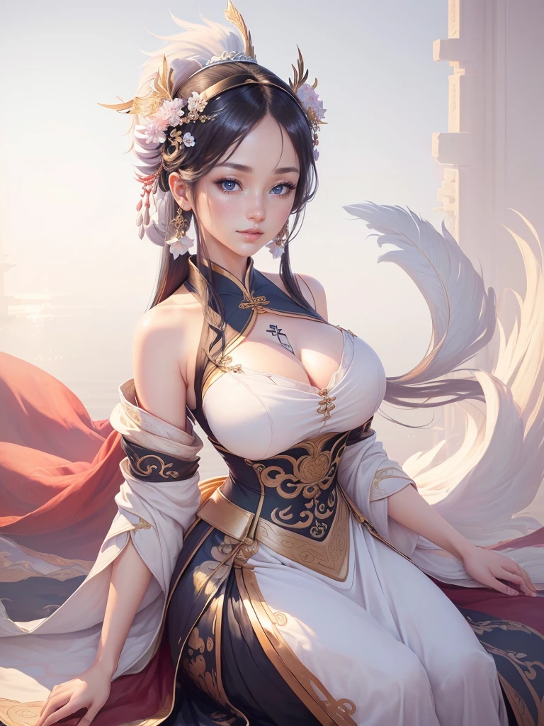 anime lady in a silver dress with a feather on her head, yun ling, inspired by Li Mei-shu, full body xianxia, highly detailed exquisite fanart, inspired by Pu Hua, inspired by Ju Lian, yang qi, lei min, Highly detailed CG unit 8k wallpaper, masterpiece, High resolution, highest quality, highest quality real texture skin, Super Real, Digital Painting, Best image quality, 最High resolution, 8k, ((Highly detailed eyes and face, Beautiful eyes every detail)), 1girl, Full Body Shot, Saggy breasts, Gravity-dependent breasts, long chest, Heavy chest, disproportionate breasts, huge breasts, sagging breasts, gigantic breasts, smile, (china clothes, オフショルダー),