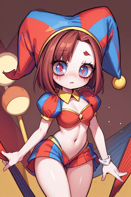 a cartoon picture of a woman with a clown hat and a clown mask, cutecore clowncore, y 2 k cutecore clowncore, harley queen, of harley quinn, jester themed, harley quinn, insanely inflated hips, fata morgana giant mirrors, goth clown girl, comic artwork, clown girl, big cheeks, short cartoon strip