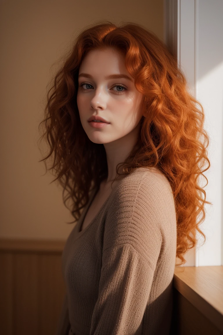 (fille:1.2),alone, (long curly ginger hair:1.1), Brown eyes, brut,photographique,photo shadows,Real,Ridicule,aesthetic,elegant
