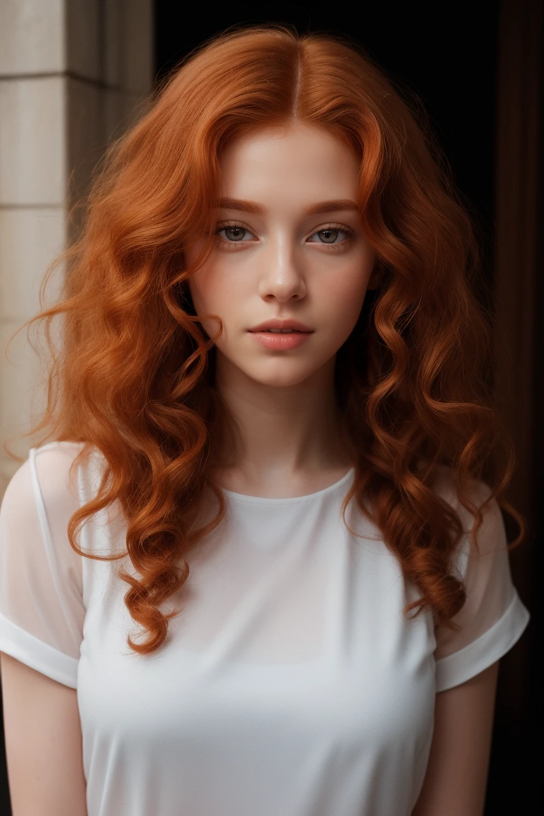 (fille:1.2),alone, (long curly ginger hair:1.1), Brown eyes, brut,photographique,photo shadows,Real,Ridicule,aesthetic,elegant
