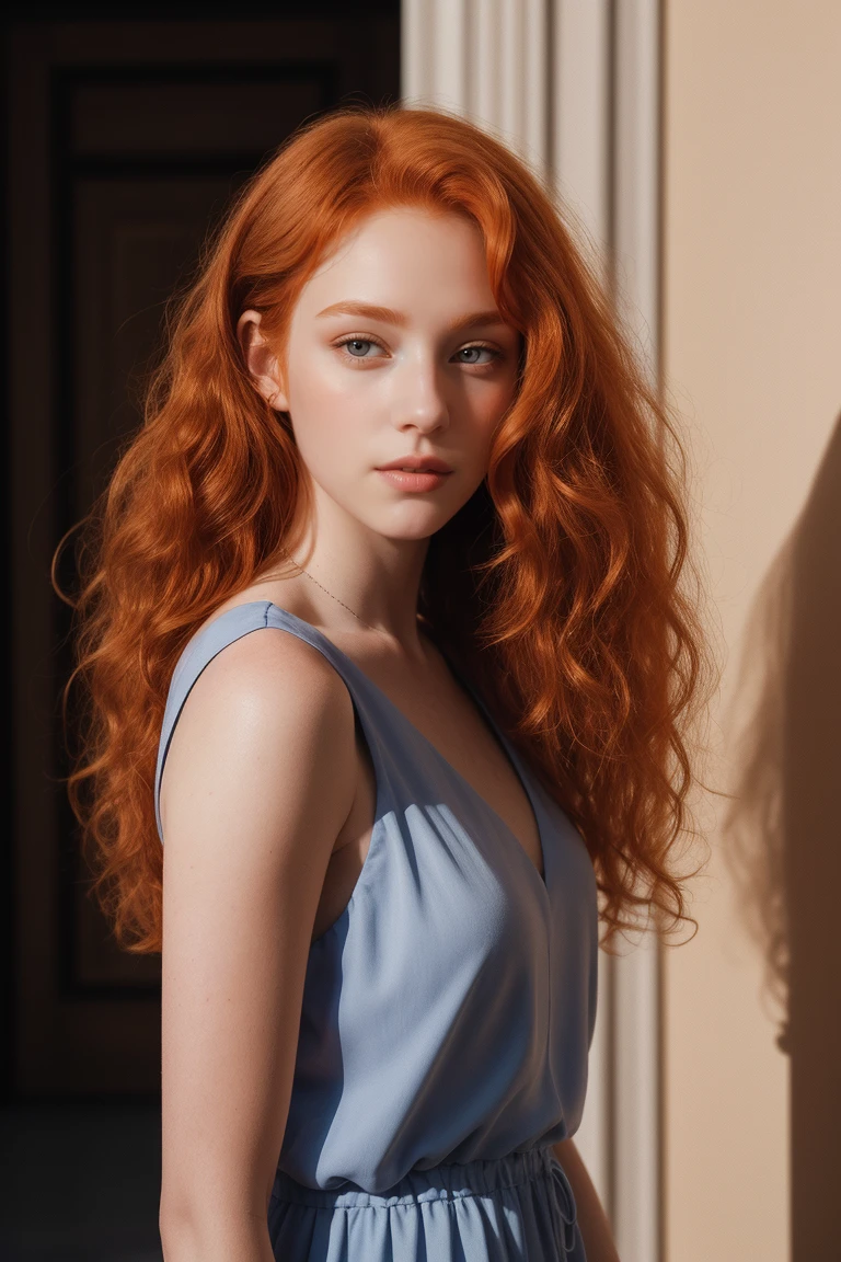 (fille:1.2),alone, (long curly ginger hair:1.1), Brown eyes, brut,photographique,photo shadows,Real,Ridicule,aesthetic,elegant
