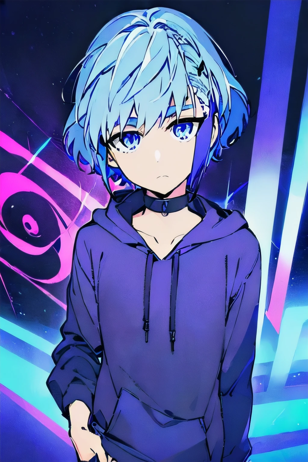 [(Under the background of the galaxy:1.5),::5], ((((masterpiece)))), expensive quality, Ultra_very_expensive_solve, big_file size, Full Color, (((alone))), ((**********)), ((Deep blue short hair)), Purple eyes, anime, (Upper Body), Neon Light, Black hoodie, (Dark Spiral Effect:1.4)