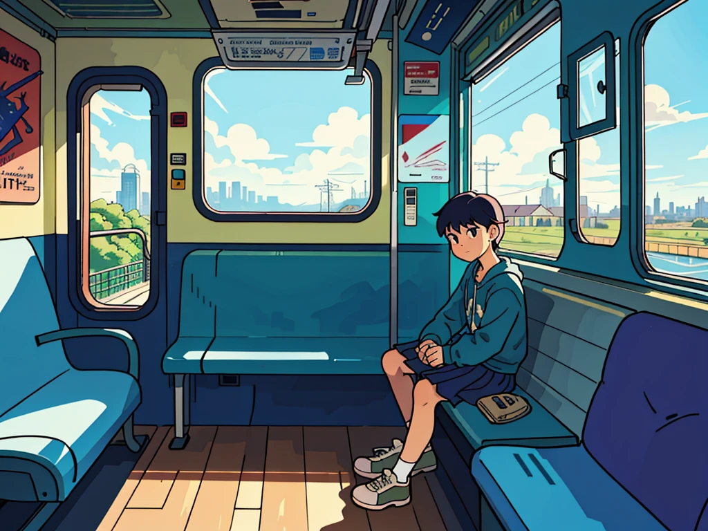 Someone is sitting on a train bench and looking out a window at the landscape passing by, Elogio Artstyle, Arte Lofi, lofi aesthetic, Lofi Sensation, Hip Hop Lofi, , Retrato Lofi, lo fi, arte lo-fi, vibe, badass vibes , cores , lofi girl aesthetic