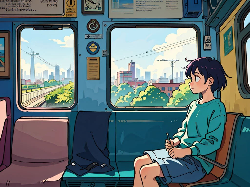 Someone is sitting on a train bench and looking out a window at the landscape passing by, Elogio Artstyle, Arte Lofi, lofi aesthetic, Lofi Sensation, Hip Hop Lofi, , Retrato Lofi, lo fi, arte lo-fi, vibe, badass vibes , cores , lofi girl aesthetic